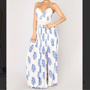 Fashion Nova White Maxi Dress with Blue Floral Print
